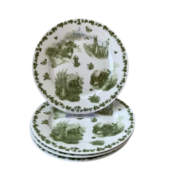 Beatrix Potter Peter Rabbit Green Toile EASTER Salad Plates 8in Set of 4 NEW - Picture 1 of 15
